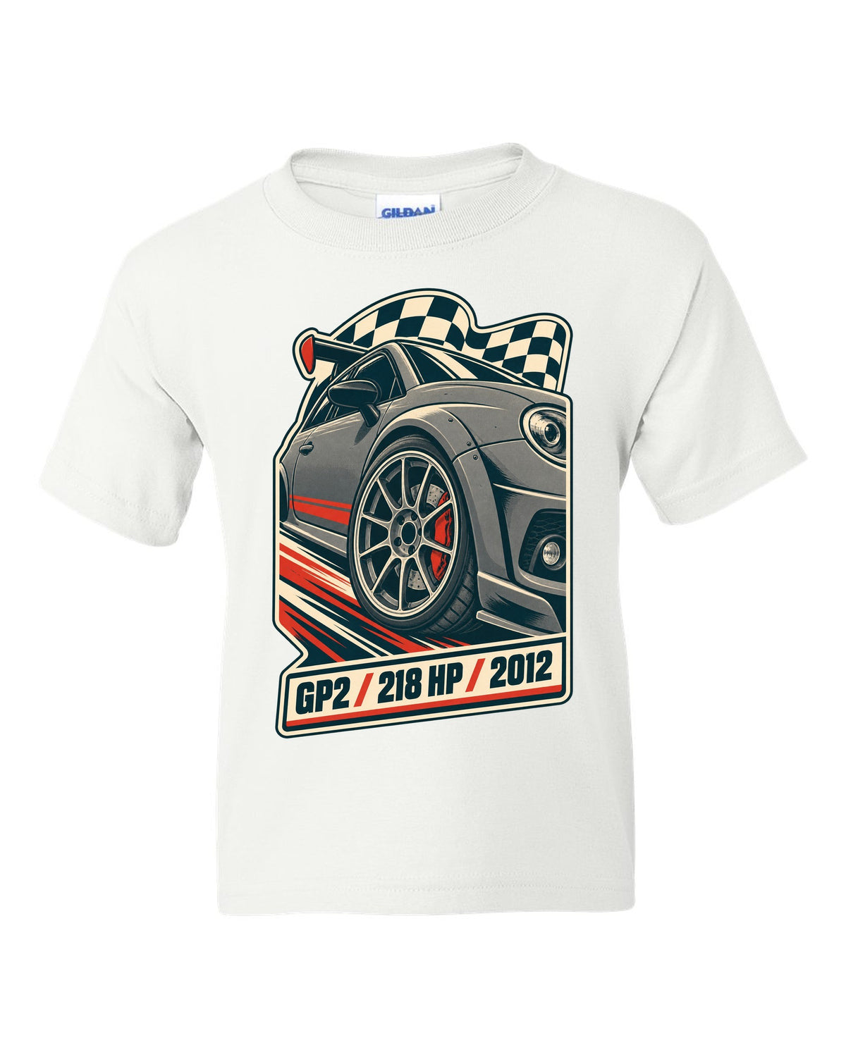 Vintage race poster of the Mini Cooper GP2 R56 with 218 HP and 2012 text white kids tee front view with the design