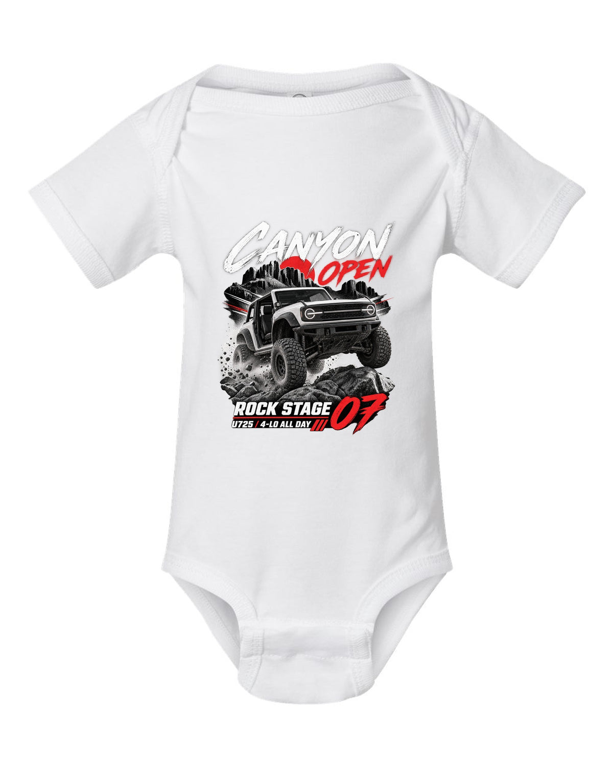 Ford Bronco 2021 two-door U725 race poster print with Rock Stage 07 and 4-Lo text white baby onesie front view with the design