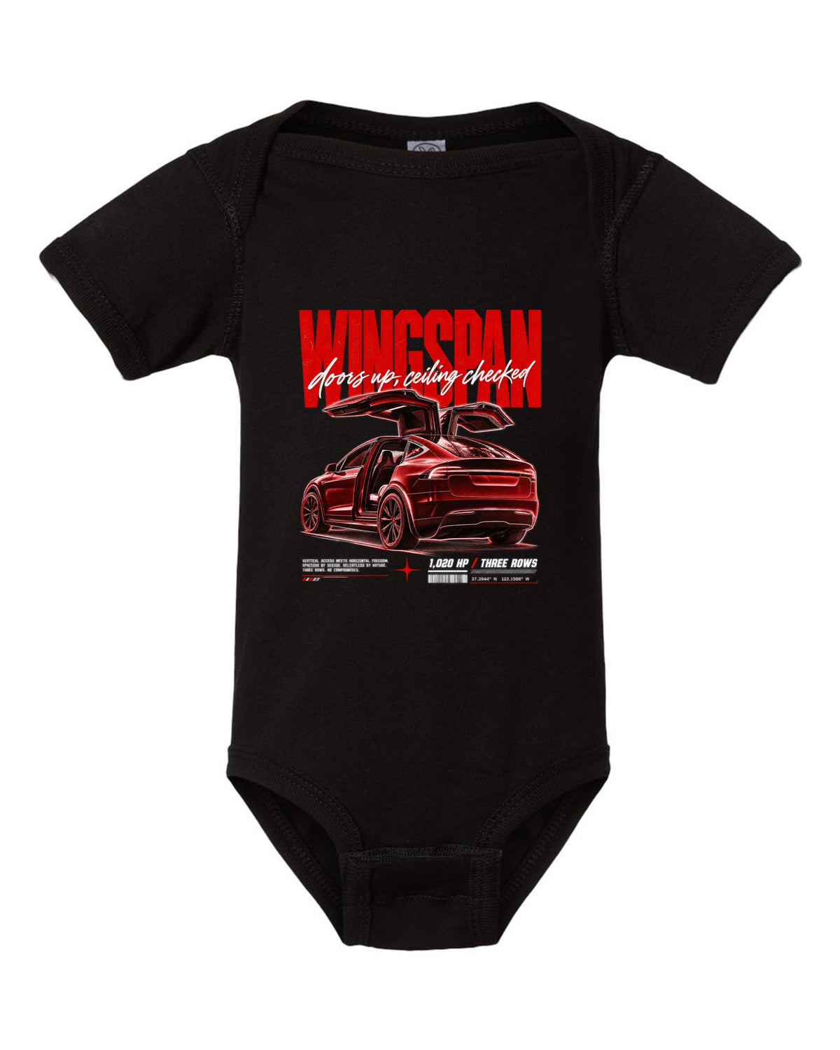 Tesla Model X Plaid 2021 with falcon doors raised in a street poster titled Wingspan black baby onesie front view with the design