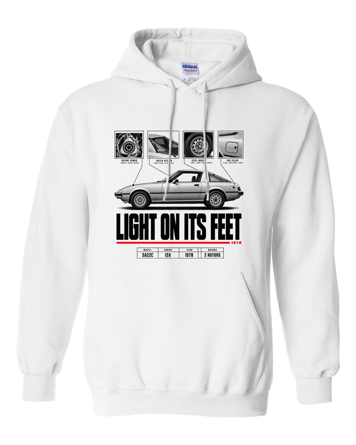 Spec poster print of a Mazda RX-7 SA22C Savanna with 12A lettering white pull over hoodie front view with the design