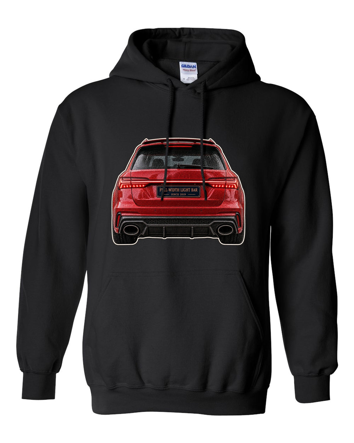 Close-up print of the full-width taillight bar on an Audi RS6 Avant C8 black pull over hoodie front view with the design