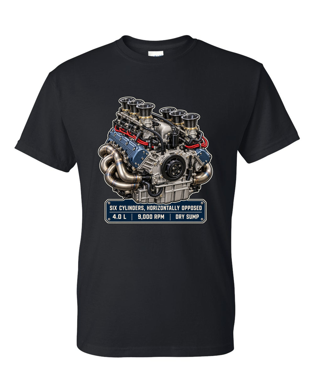 Porsche 992 GT3 RS 4.0 flat-six engine hero print design black t-shirt front view with the design
