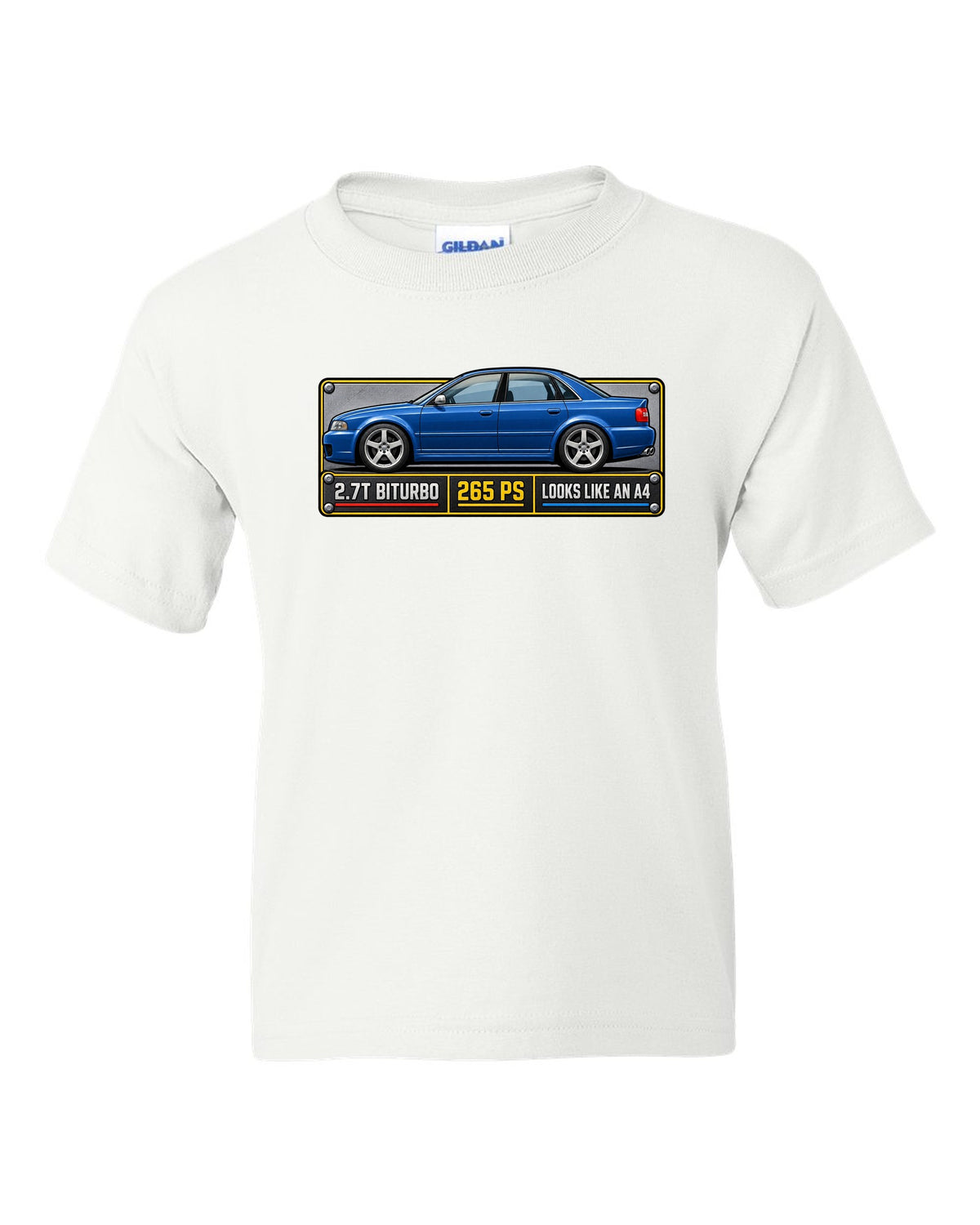 Spec plate print of an Audi S4 B5 sedan with 2.7T biturbo and 265 PS text white kids tee front view with the design