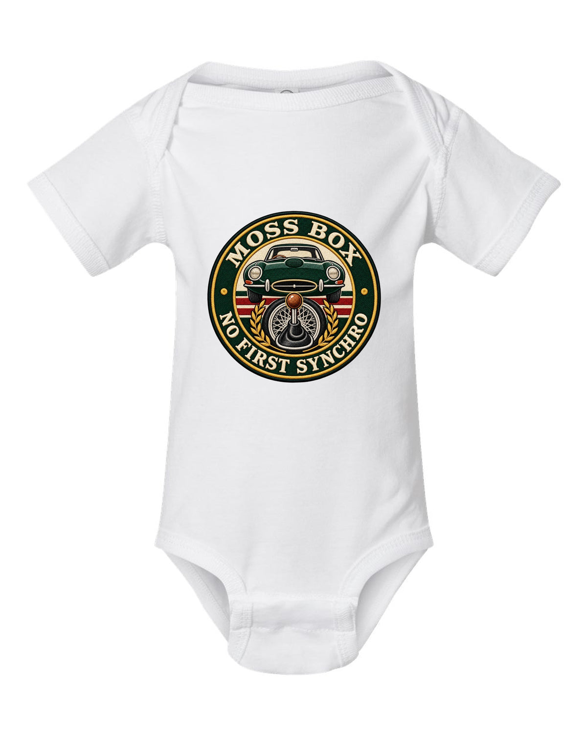 Varsity embroidery-style print for the 1961 Jaguar E-Type Series 1 with Moss box lettering white baby onesie front view with the design