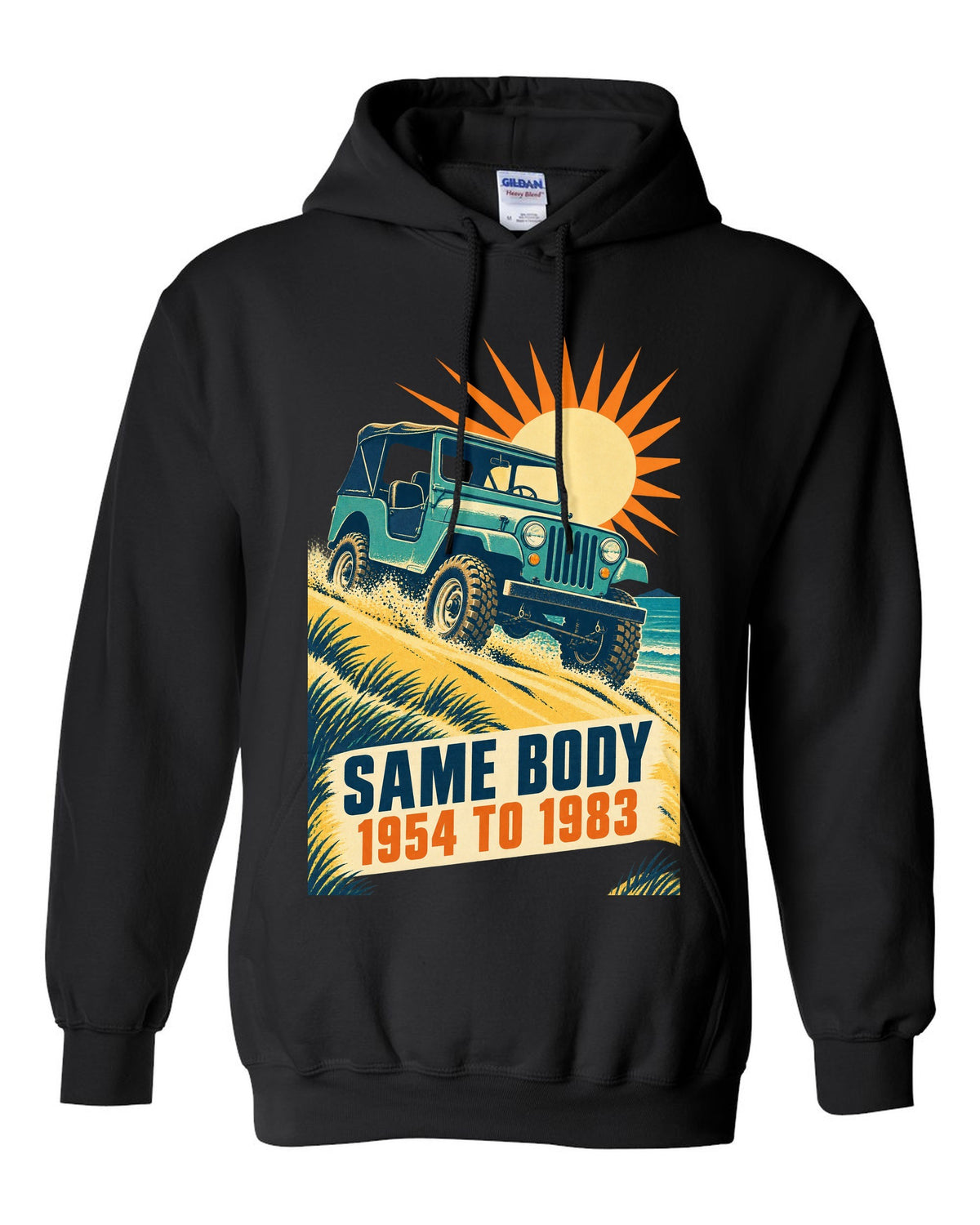 Vintage race poster print of a Jeep CJ-5 climbing a dune black pull over hoodie front view with the design