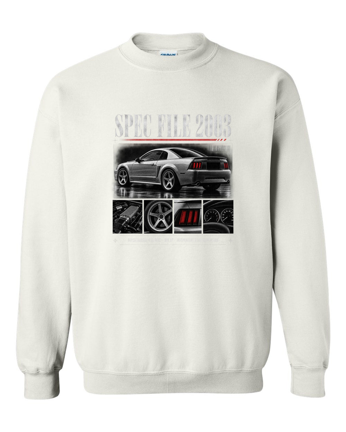 Dossier panel profile of a 2003 Ford Mustang SVT Cobra New Edge with spec file lettering white crewneck front view with the design