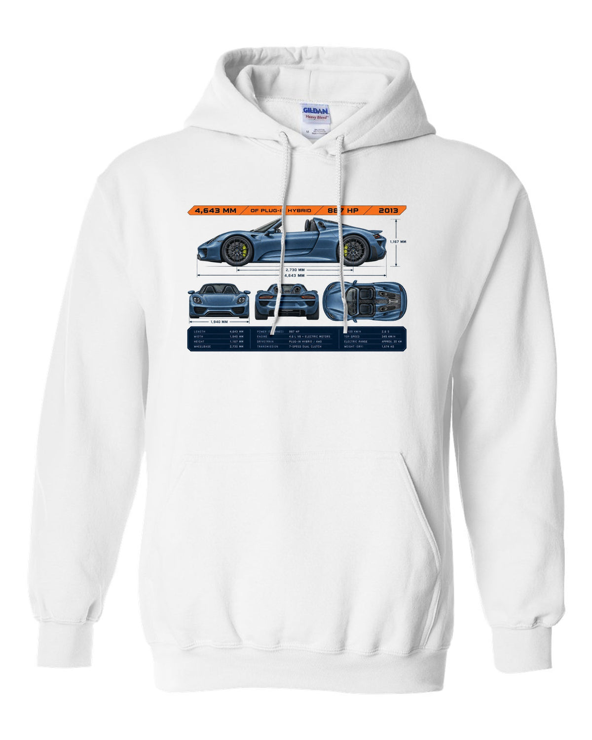Porsche 918 Spyder dimension blueprint print design white pull over hoodie front view with the design