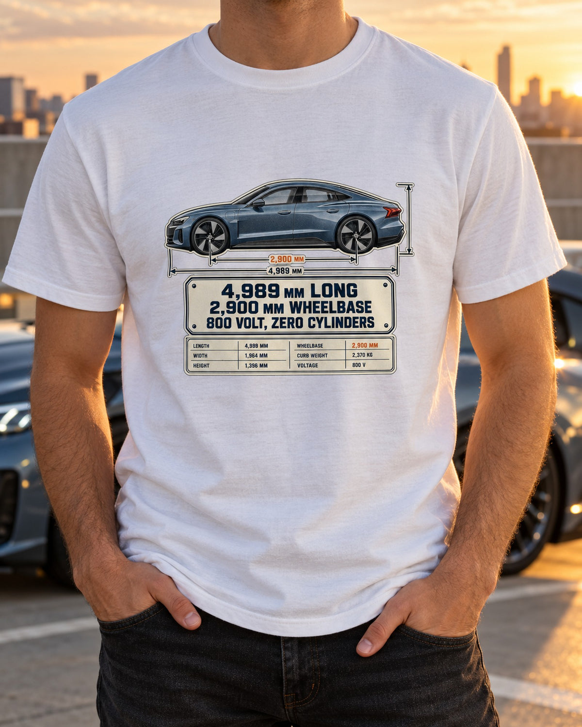 Audi RS e-tron GT J1 Dimension Blueprint Shirt, EV Car Guy Tee T-Shirt White worn hero