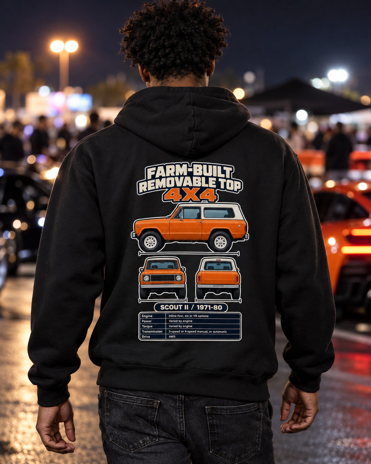 International Scout Ii Spec Sheet Full-Back Graphic Tee Pull Over Hoodie Black worn hero