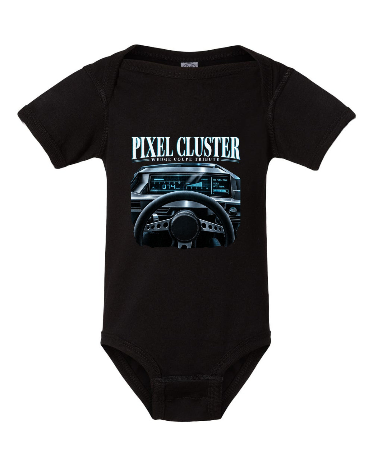 Hyundai N Vision 74 cockpit gauge print with pixel cluster and fuel cell readout black baby onesie front view with the design