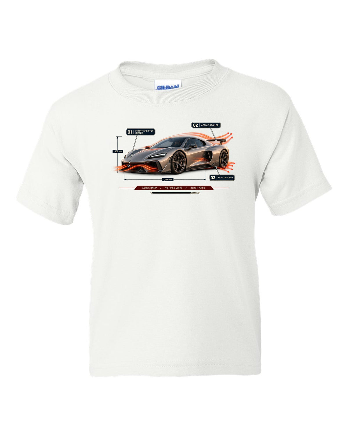 Ferrari 296 GTB aero callout print with active ramp and no fixed wing white kids tee front view with the design