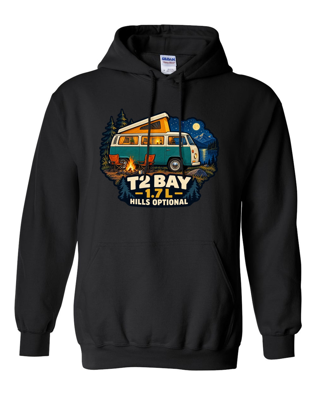 1972 VW Bus T2 Bay Window at a night camp painted in gouache black pull over hoodie front view with the design