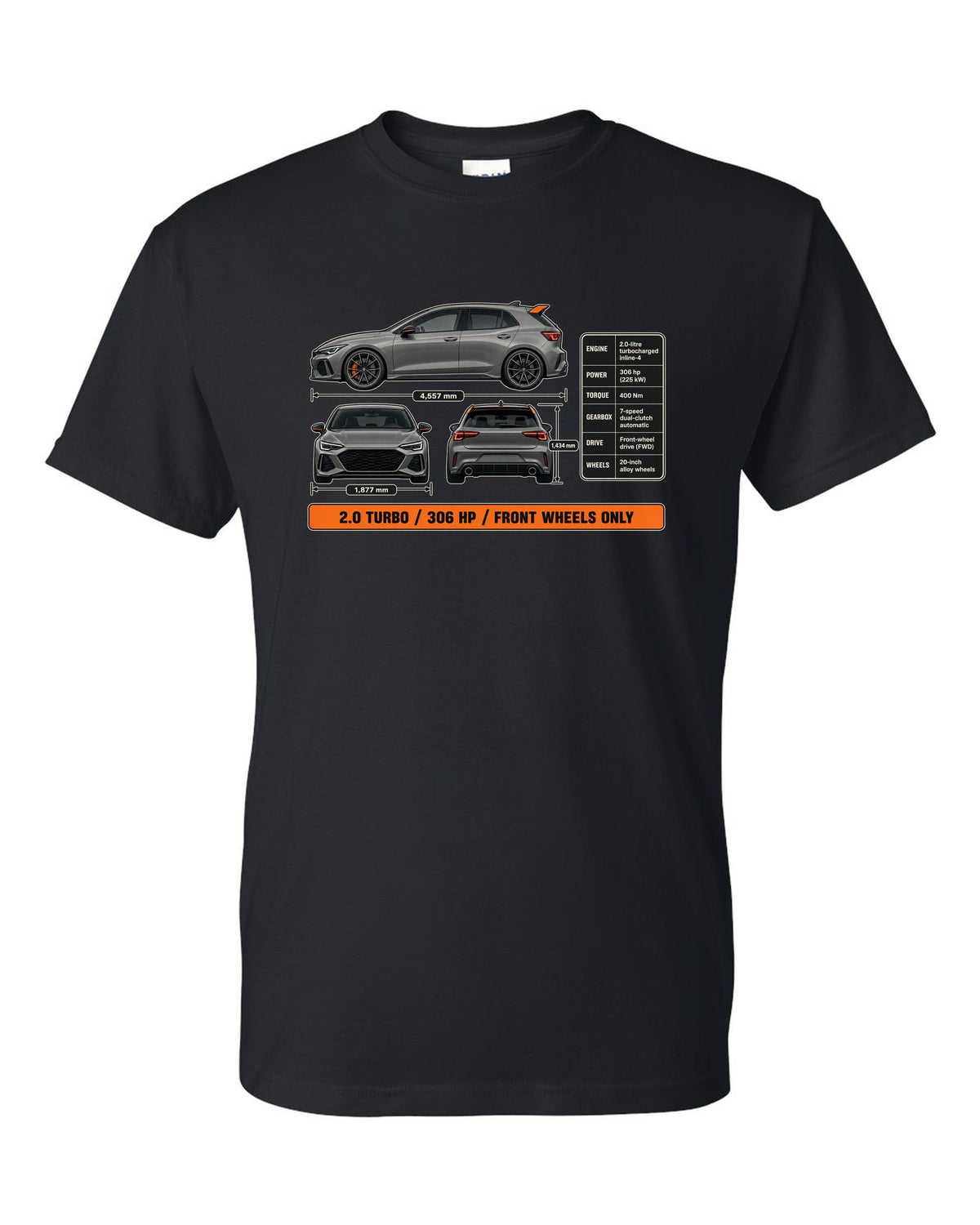 print three-view drawing of a Sonic Grey Honda Civic Type R FK8 black t-shirt front view with the design