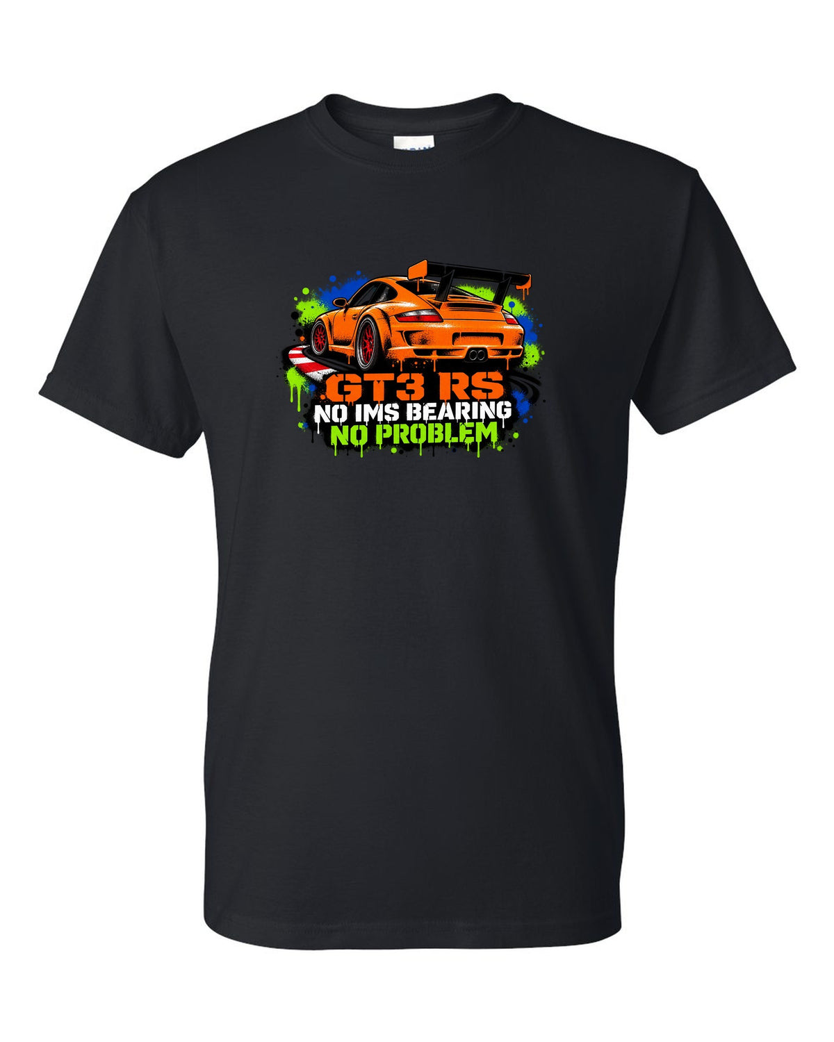 Porsche 996 GT3 RS graffiti stencil spray paint design with IMS joke black t-shirt front view with the design