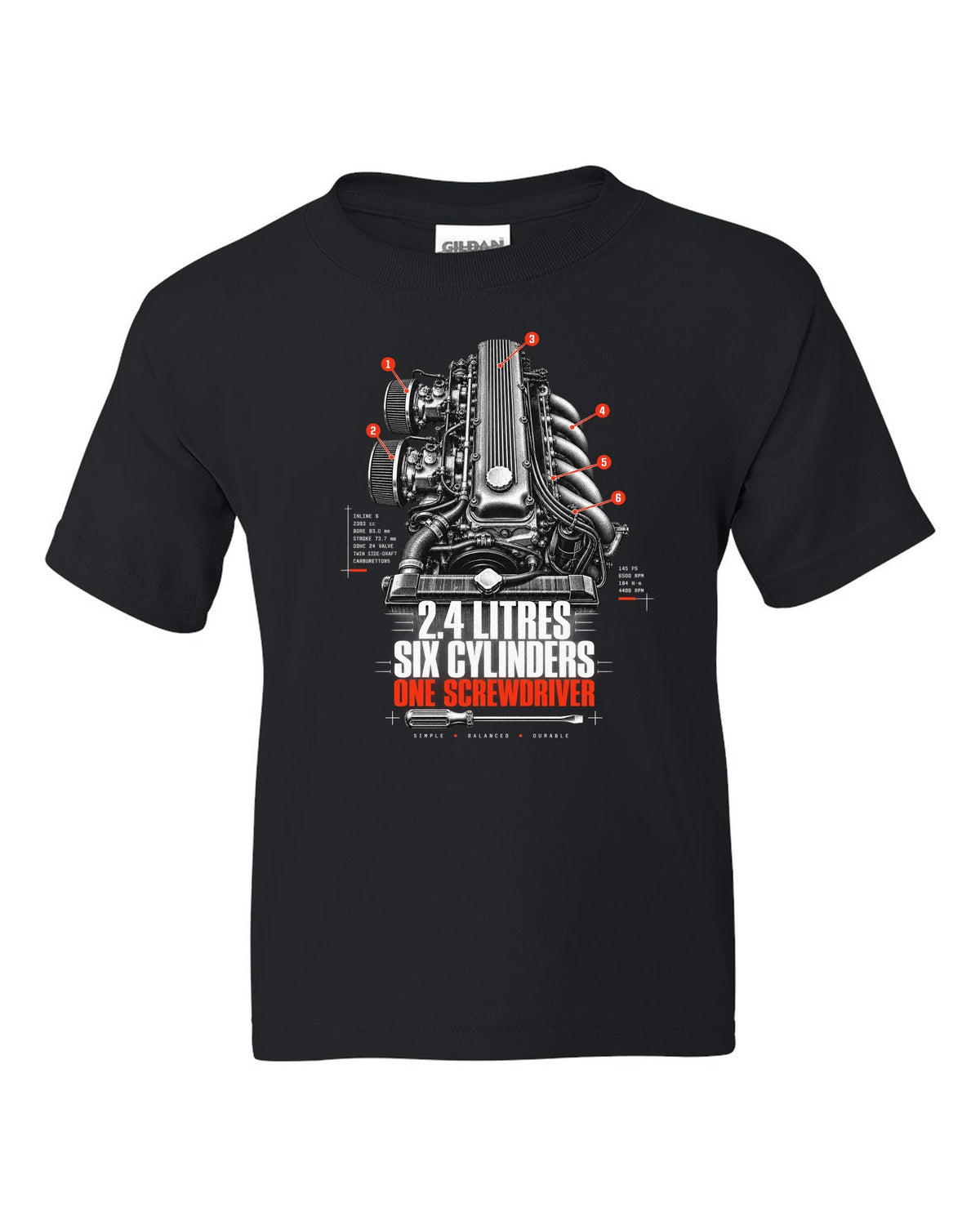 print of a Datsun 240Z L24 engine bay with six cylinders and screwdriver lettering black kids tee front view with the design