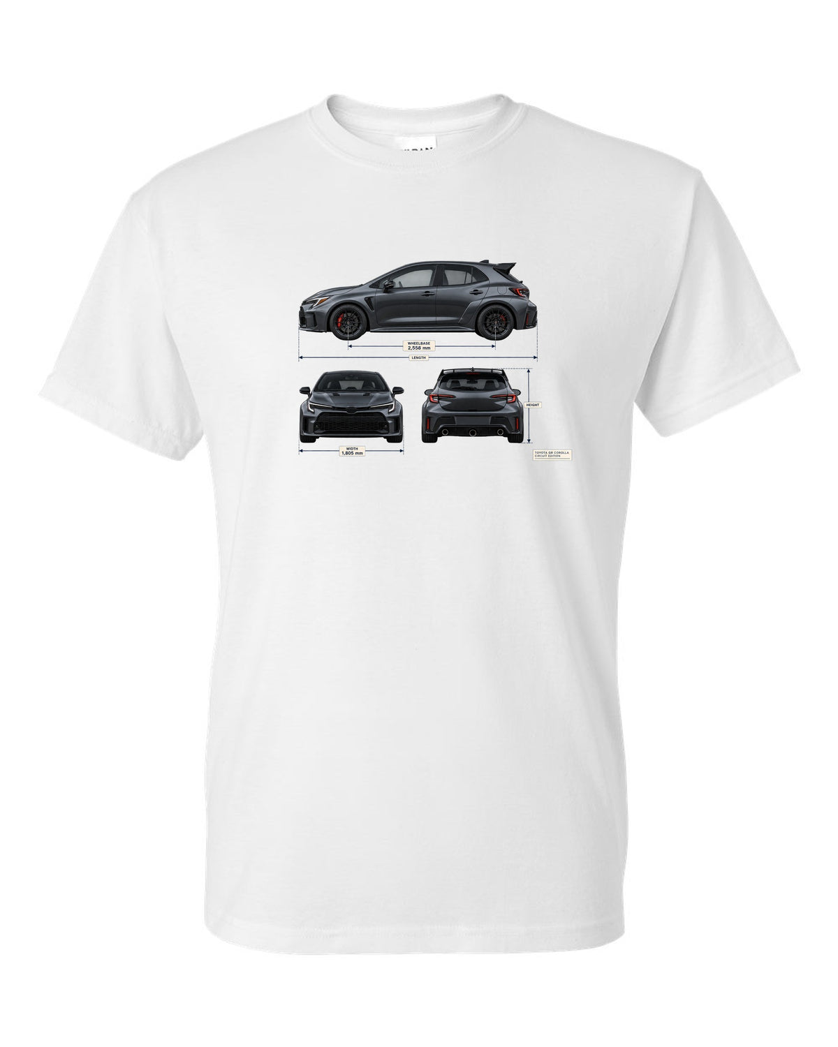 Toyota GR Corolla Core chback in Heavy Metal grey-blue with editorial headline text white t-shirt front view with the design