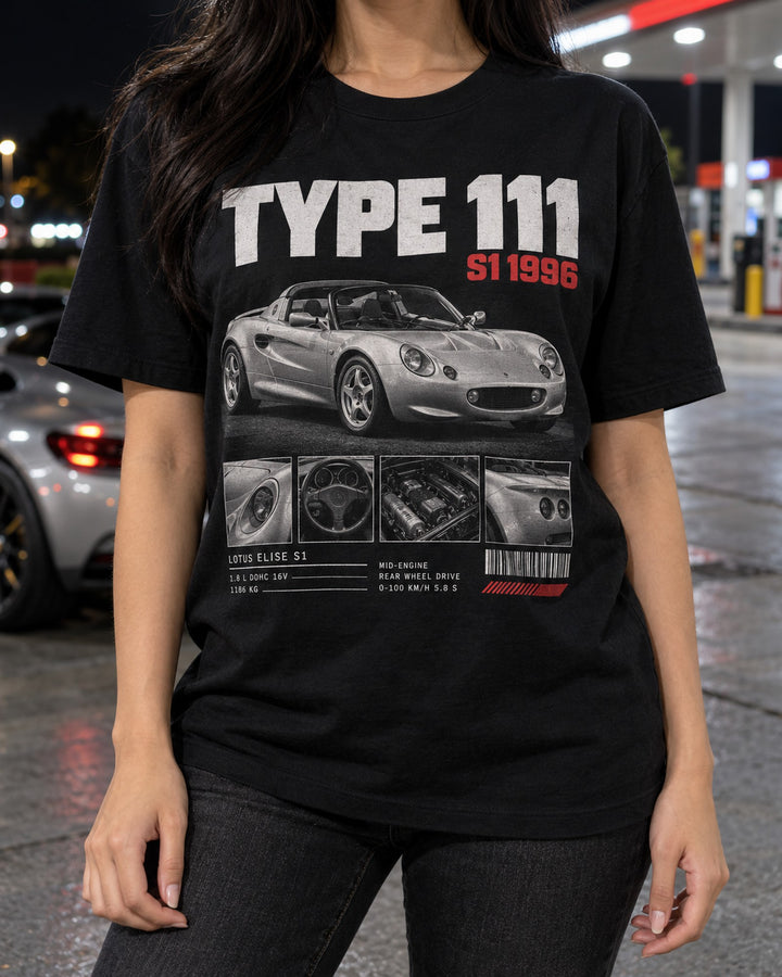 Lotus Elise S1 Type 111 Dossier Panels print Tee T-Shirt Black worn hero