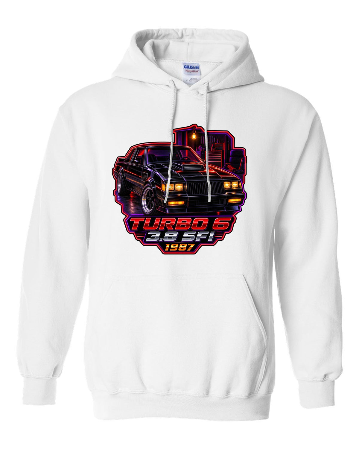 1987 Buick Regal turbo coupe in a neon-lit night garage white pull over hoodie front view with the design