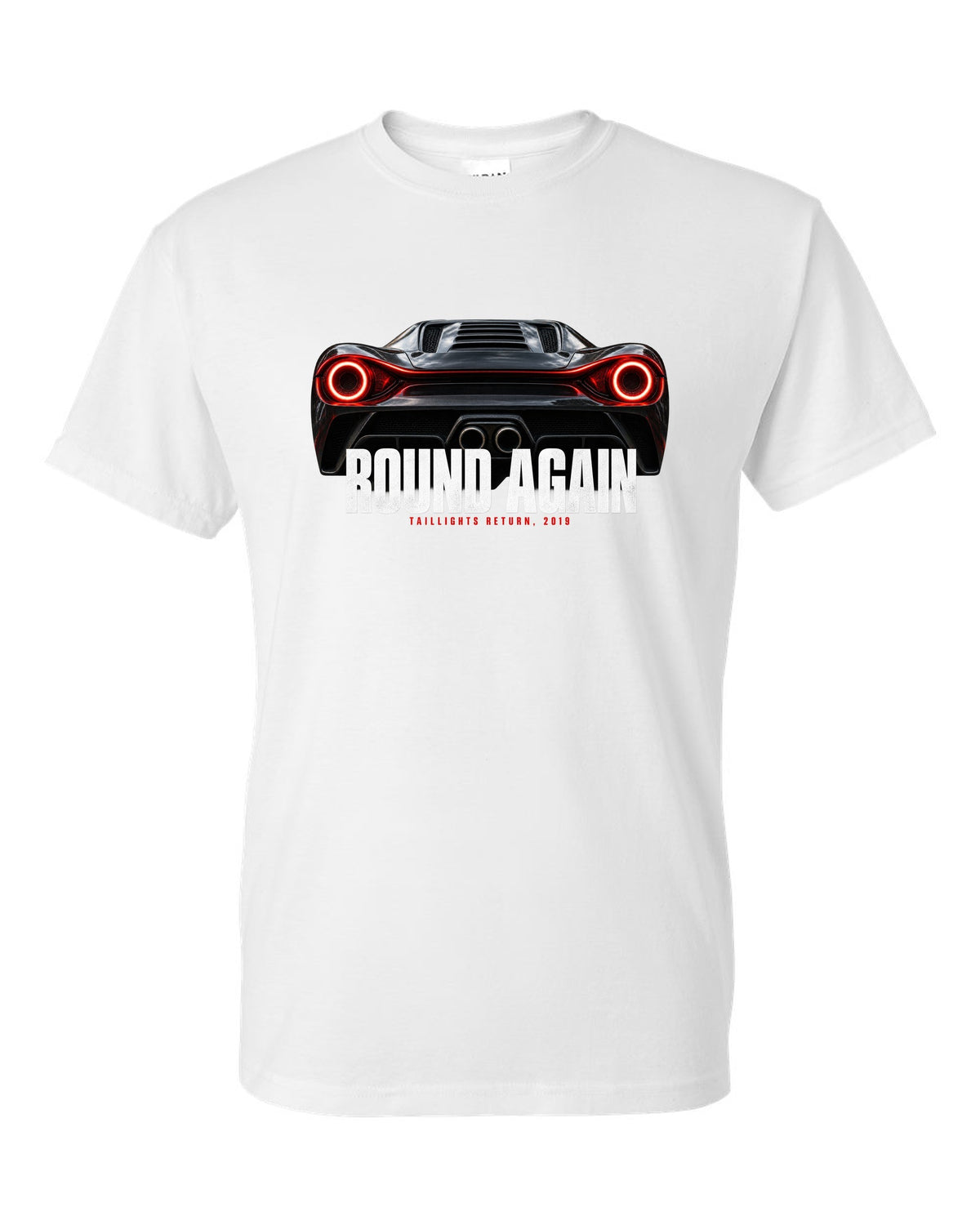 Macro print of Ferrari F8 Tributo round taillights with the text Round Again, Taillights Return, 2019 white t-shirt front view with the design