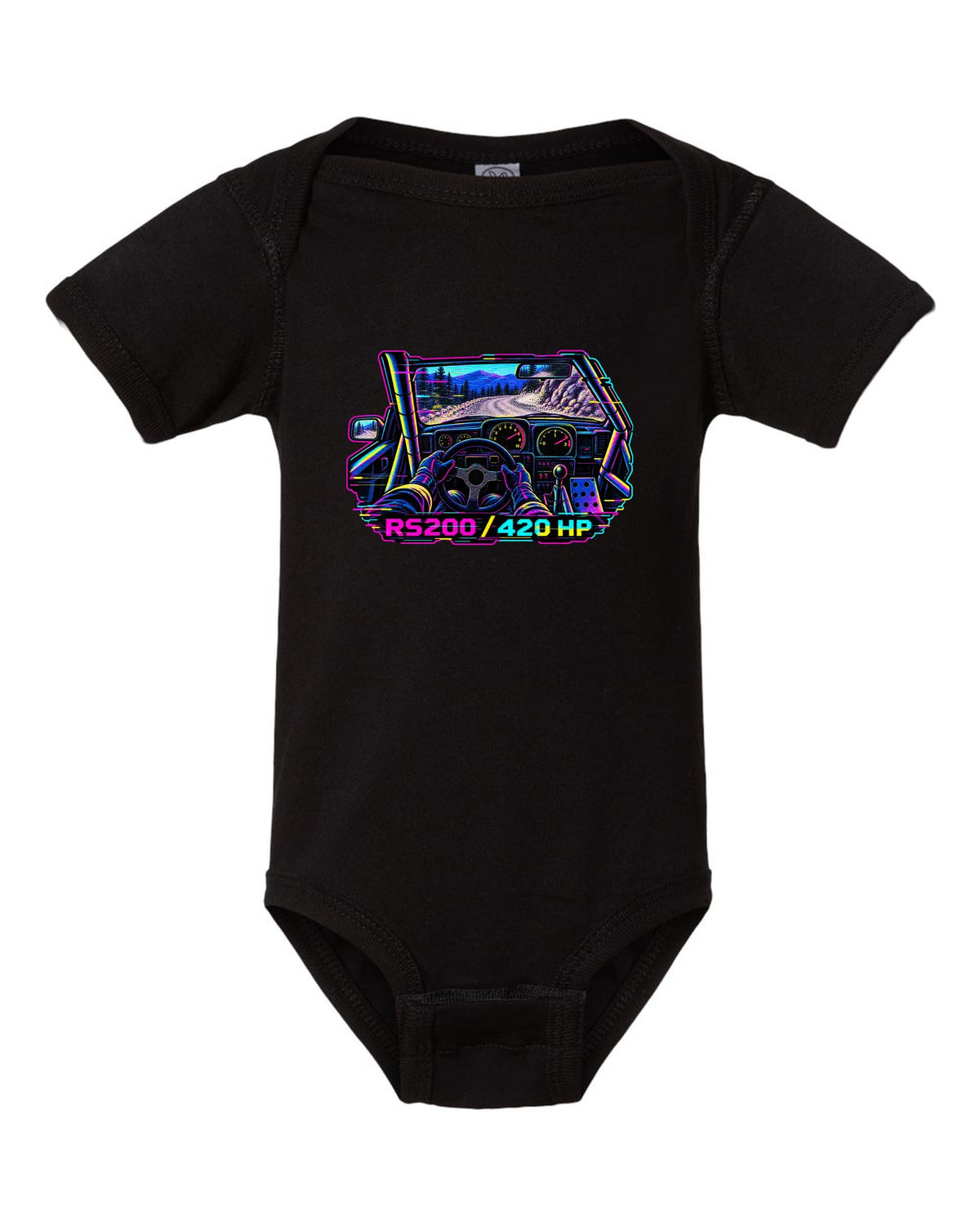 VHS glitch style Ford RS200 cockpit print with 420 hp lettering black baby onesie front view with the design