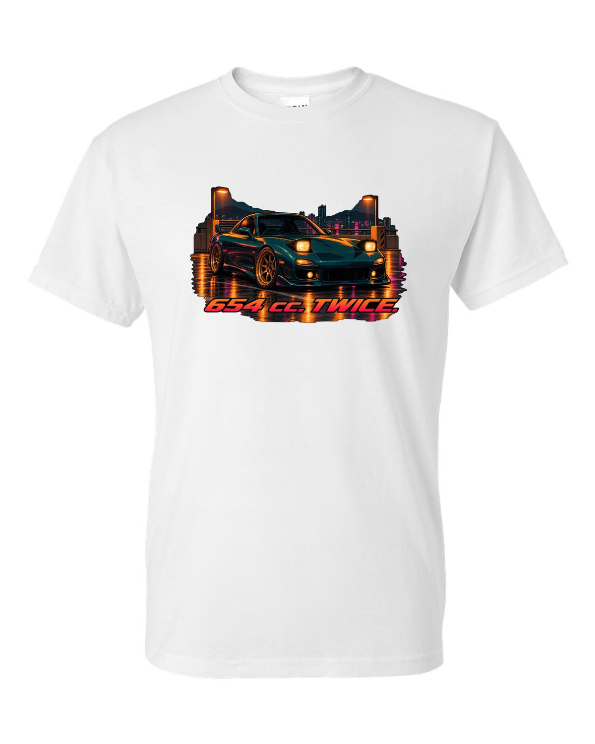 16-bit pixel art Mazda MX-5 NB roadster driving an open road white t-shirt front view with the design