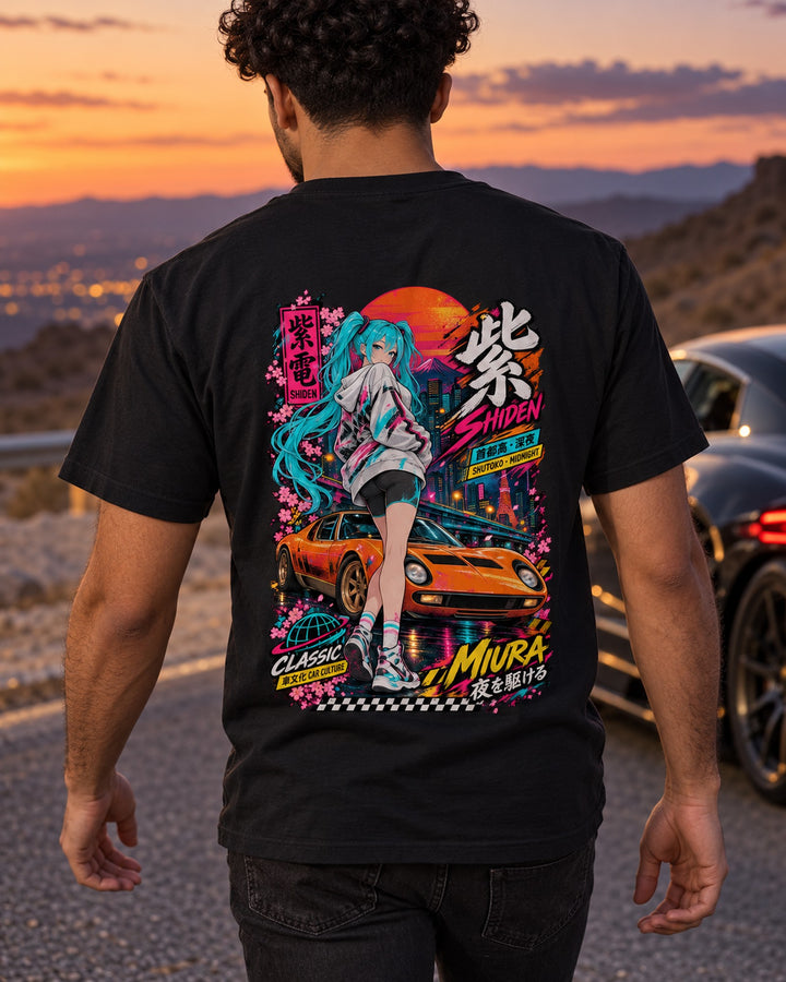 SHIDEN MIURA Anime Girl Full-Back Graphic Tee T-Shirt Black worn hero