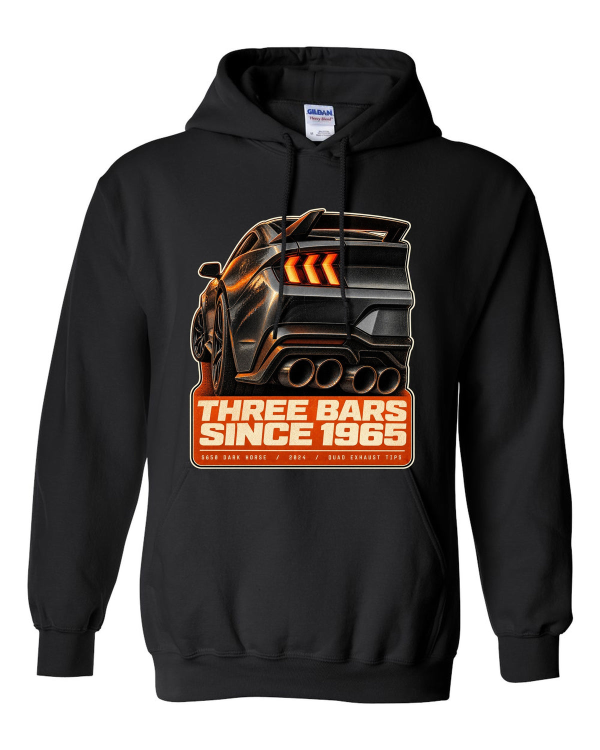 Ford Mustang S650 Dark Horse taillight macro print with quad exhaust tip text black pull over hoodie front view with the design