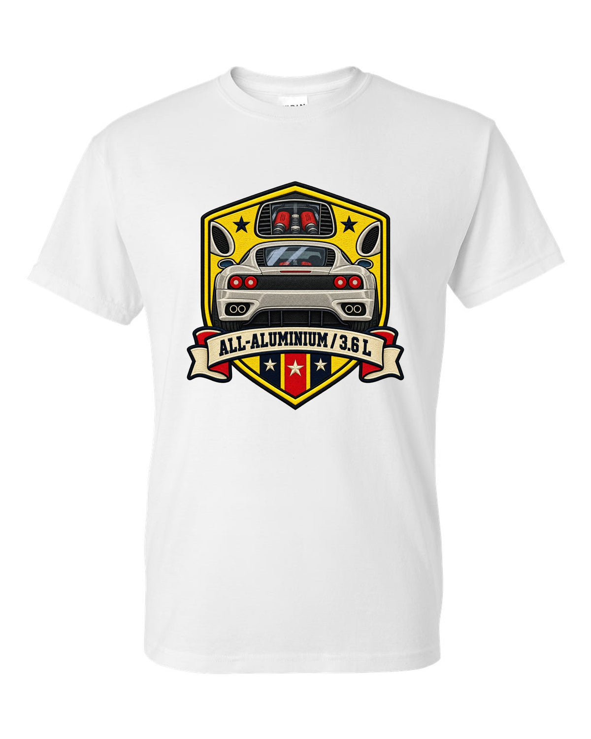 Shield crest print for the Ferrari 360 Modena with All-Aluminium and 3.6 L lettering white t-shirt front view with the design