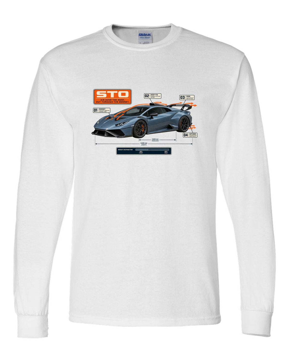 Aero callout print of the Lamborghini Huracan STO showing airflow white long sleeve front view with the design