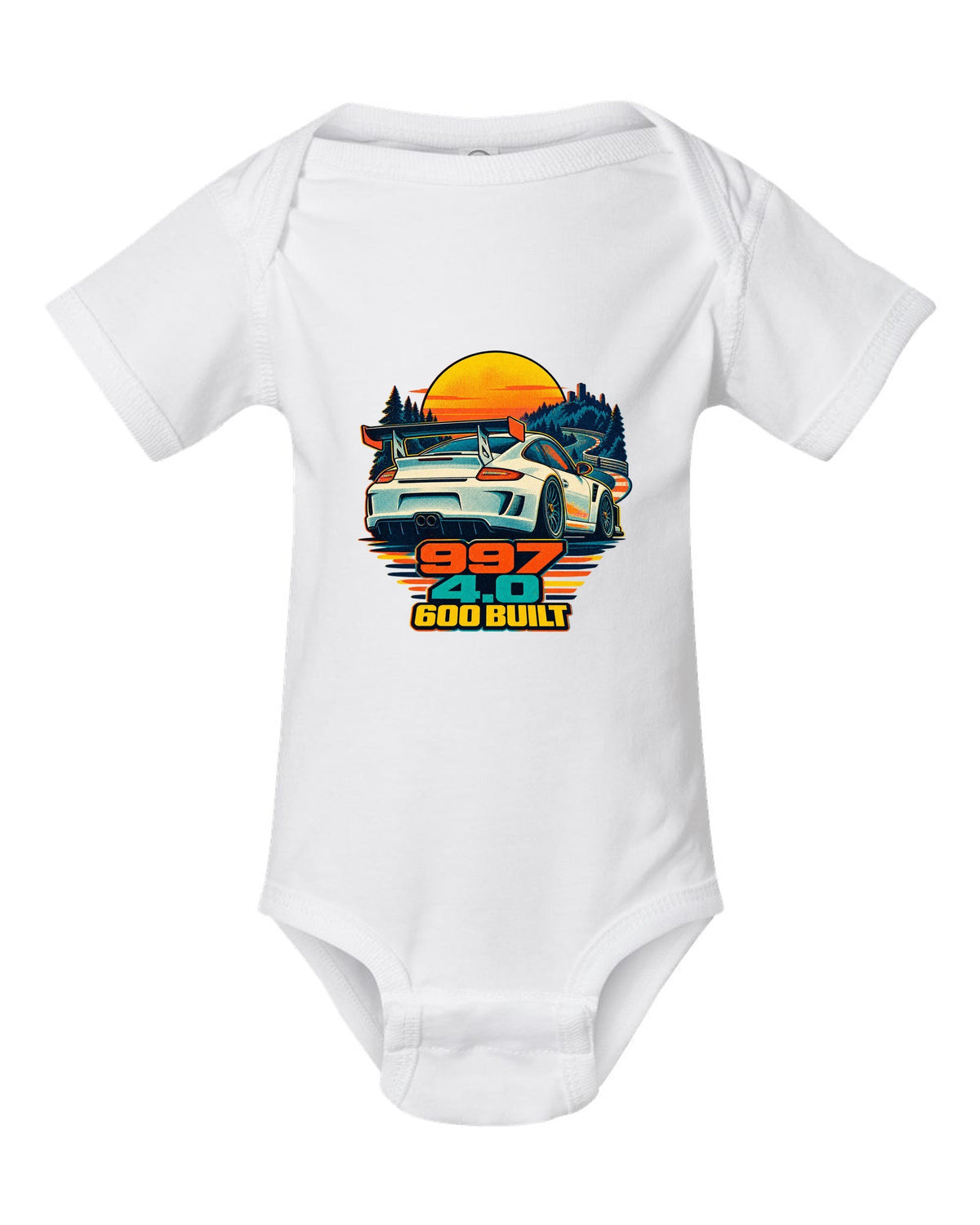 Misregistered risograph print of a Porsche 911 GT3 RS 4.0 997 at sunrise white baby onesie front view with the design