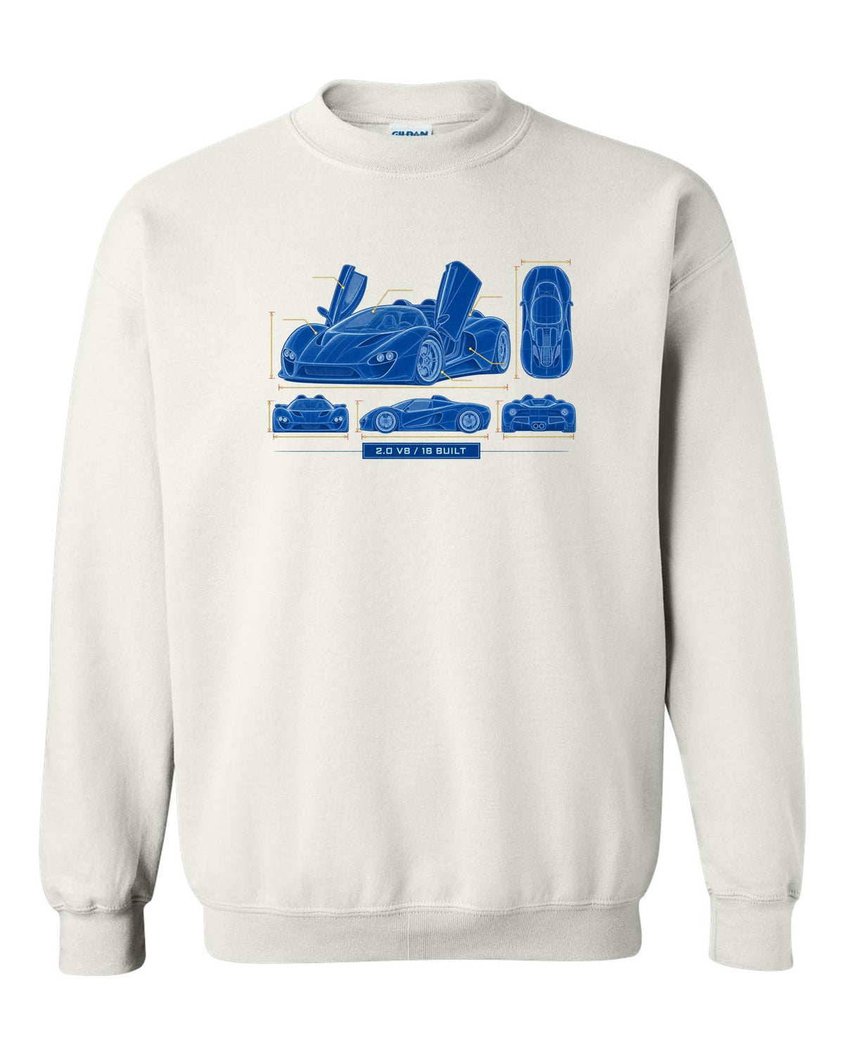Cyanotype negative blueprint of an Alfa Romeo 33 Stradale with 2.0 V8 and 18 built white crewneck front view with the design