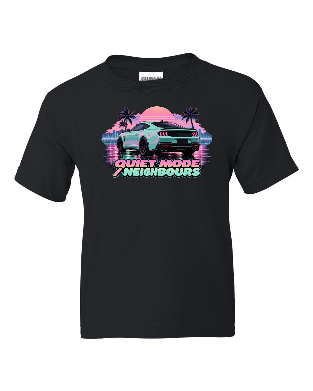 Vaporwave pastel print of a 2024 S650 Mustang coupe on wet asphalt with Quiet Mode text black kids tee front view with the design