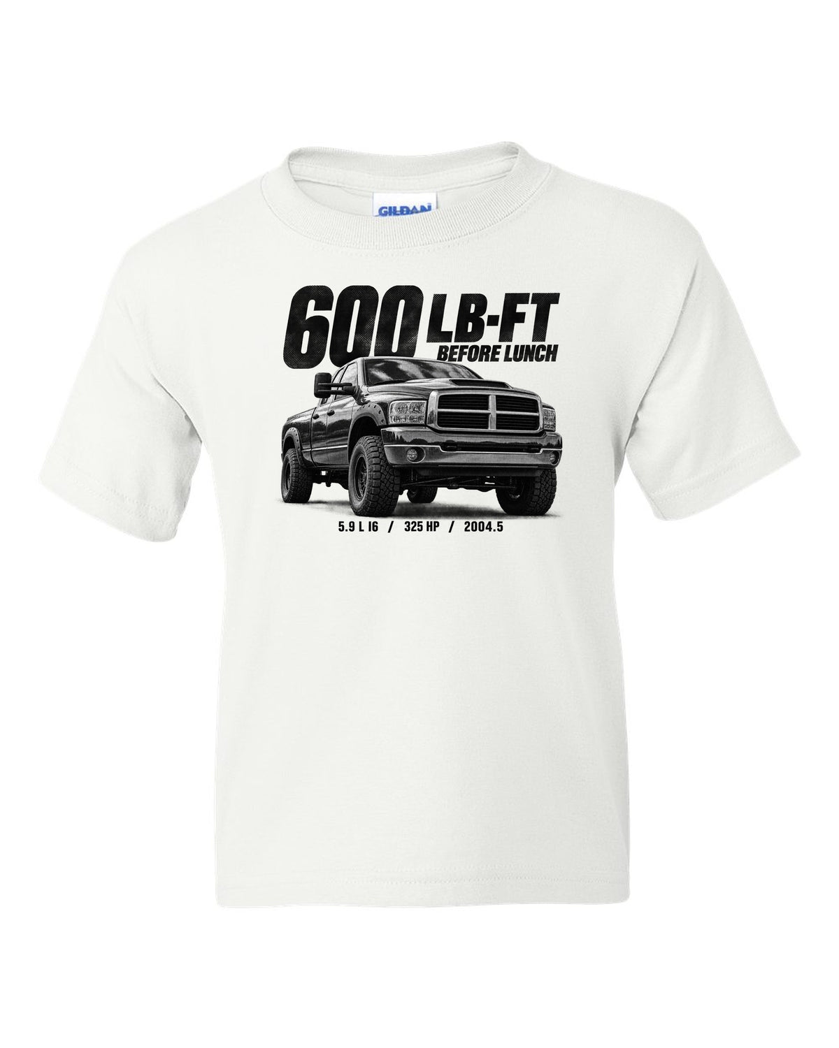 Halftone of a 2004.5-2007 Ram 2500 3rd gen 5.9 High Output with the text 600 lb-ft before lunch white kids tee front view with the design