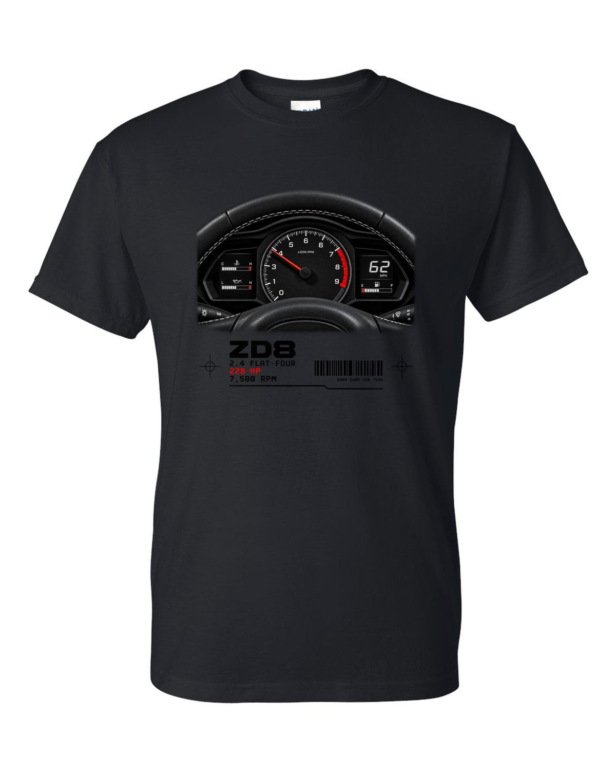 Cockpit gauge cluster print for the Subaru BRZ ZD8 with 2.4 flat-four, 228 HP and 7,500 RPM text black t-shirt front view with the design