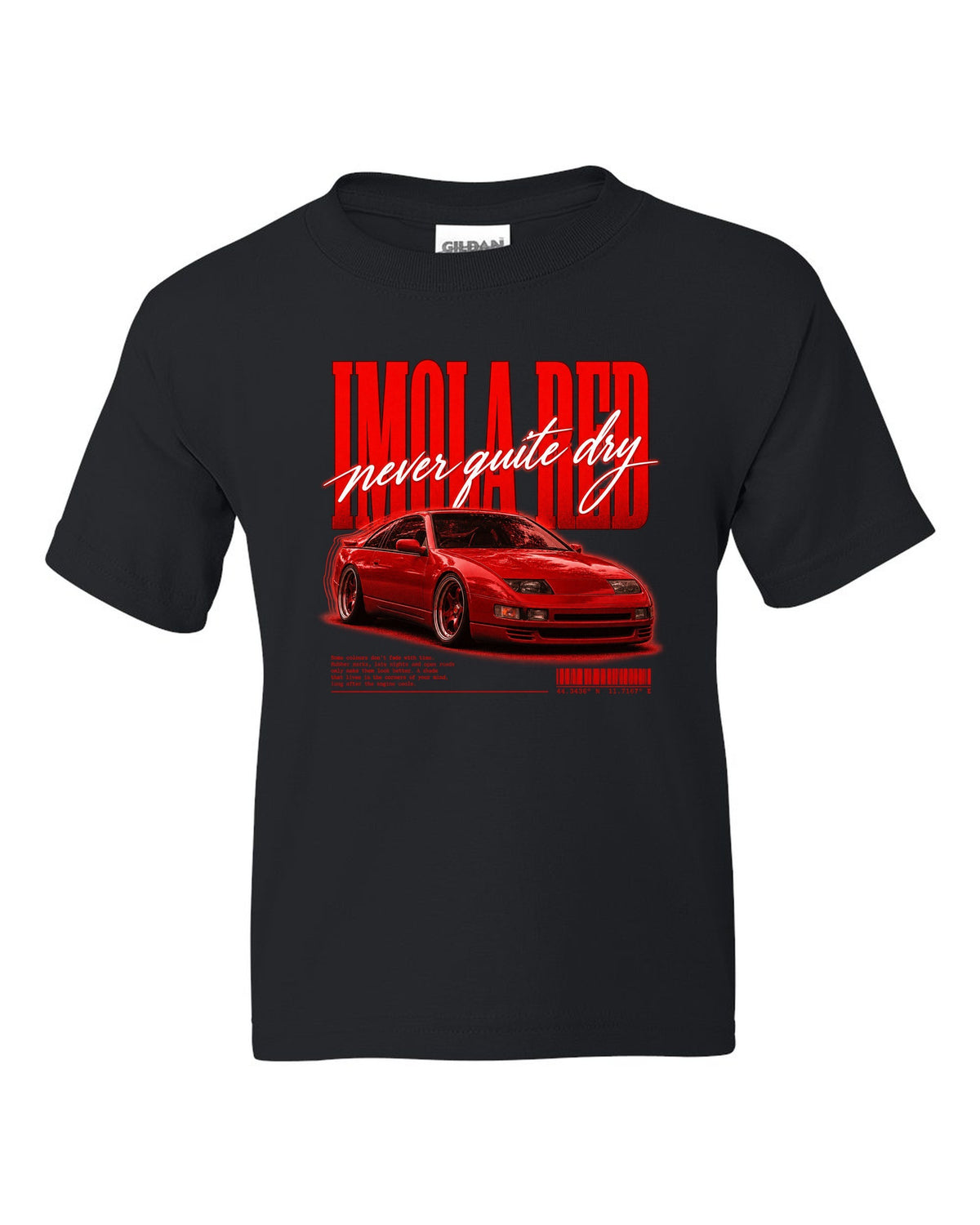 BMW E36 M3 coupe Imola Red street poster print with never quite dry text black kids tee front view with the design