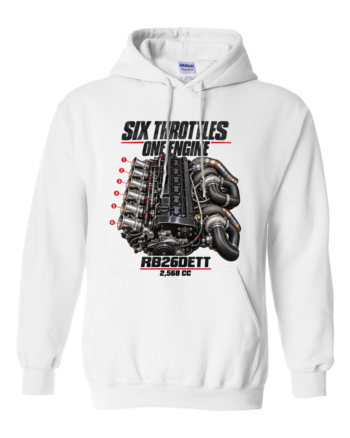 print of the RB26DETT six-throttle engine from the Nissan Skyline GT-R R32 white pull over hoodie front view with the design