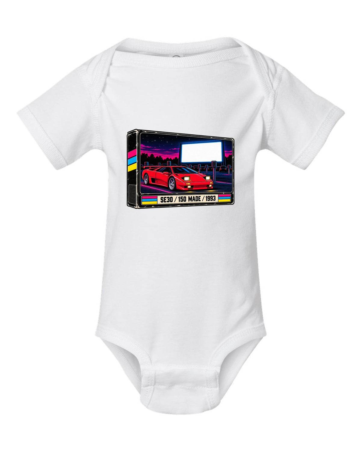VHS cassette packaging style print of a 1993 Lamborghini Diablo SE30 with 150 made lettering white baby onesie front view with the design