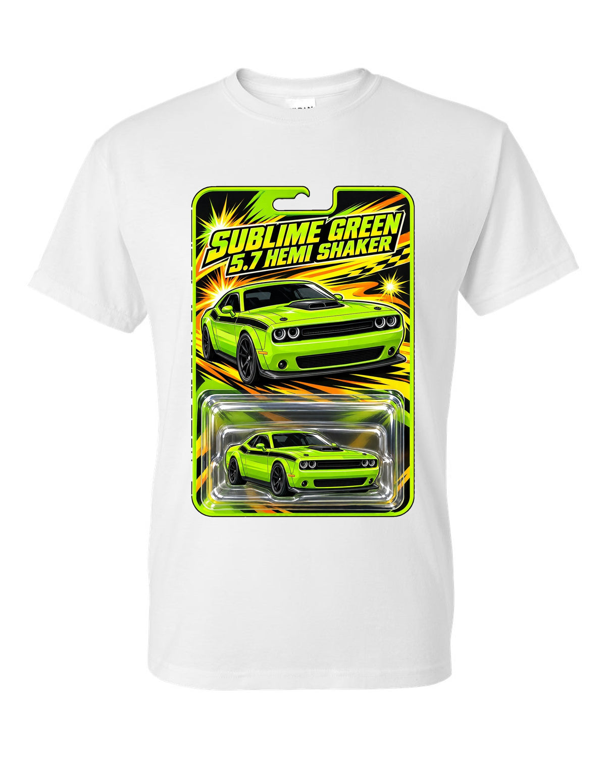 Blister toy card print of a 2015 Dodge Challenger R/T Shaker in Sublime Green white t-shirt front view with the design