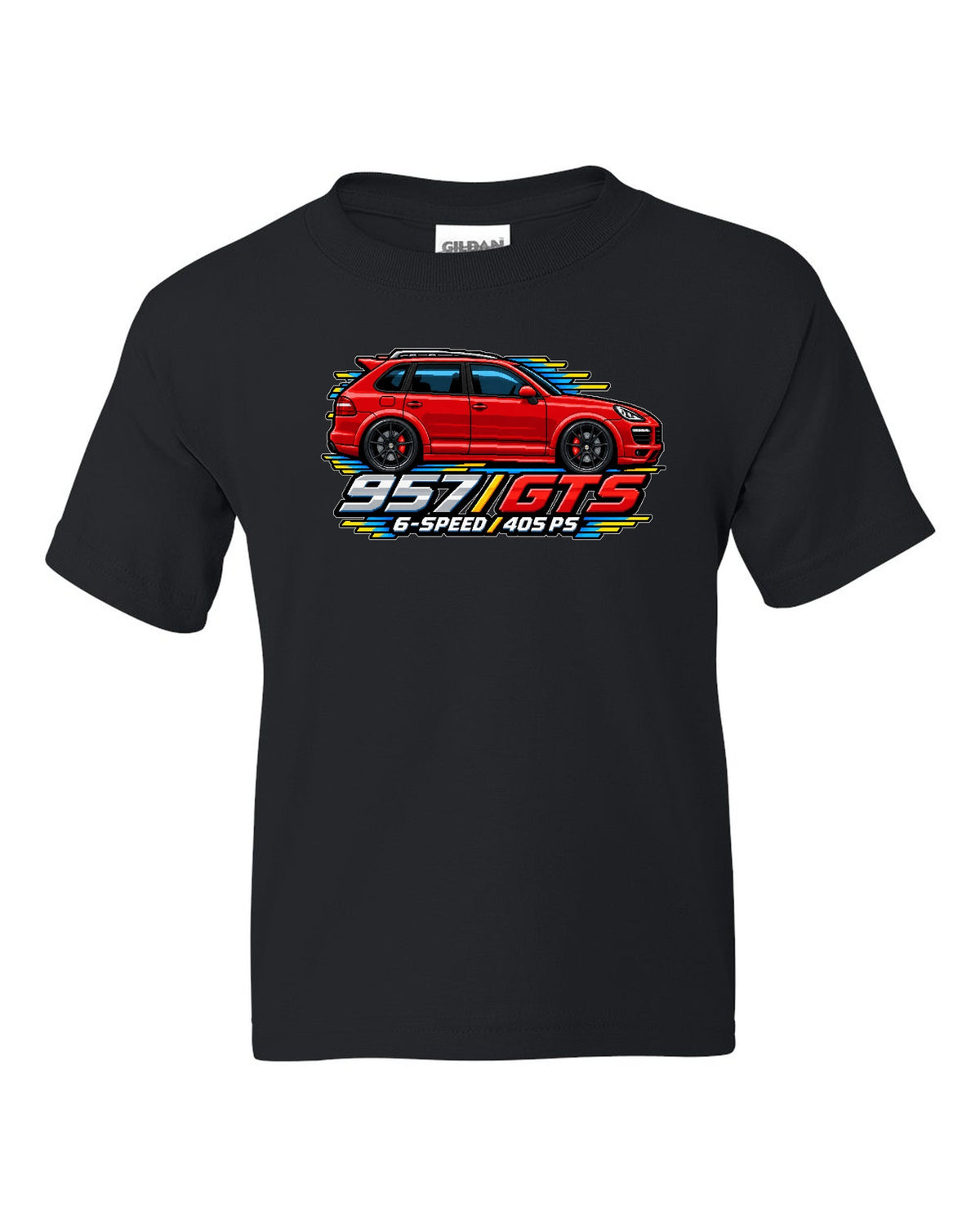 16-bit pixel art design of the Porsche Cayenne GTS 957 with 6-speed and 405 PS lettering black kids tee front view with the design