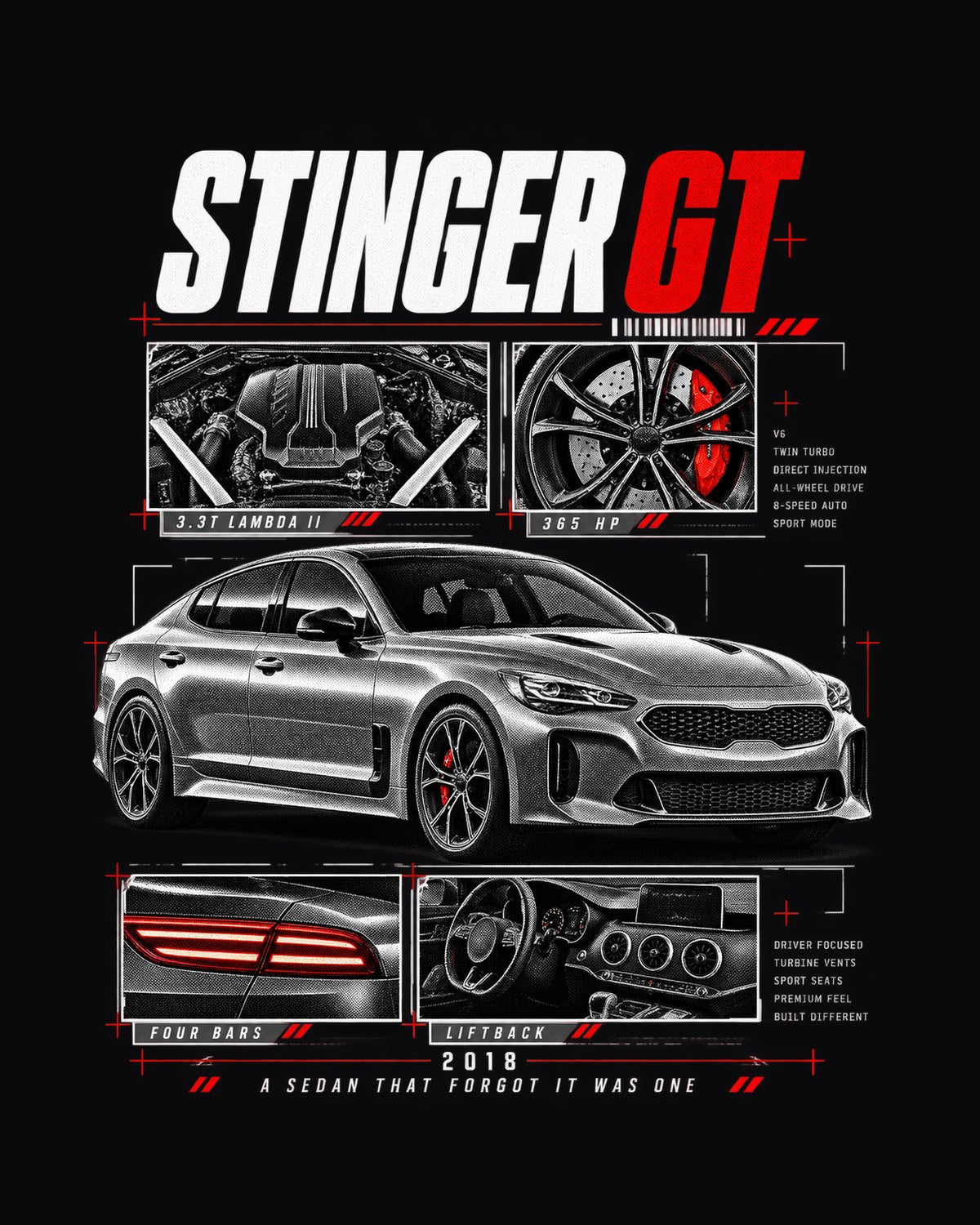 Kia Stinger GT 3.3T Dossier Panel Shirt, Liftback Car Guy Gift design only