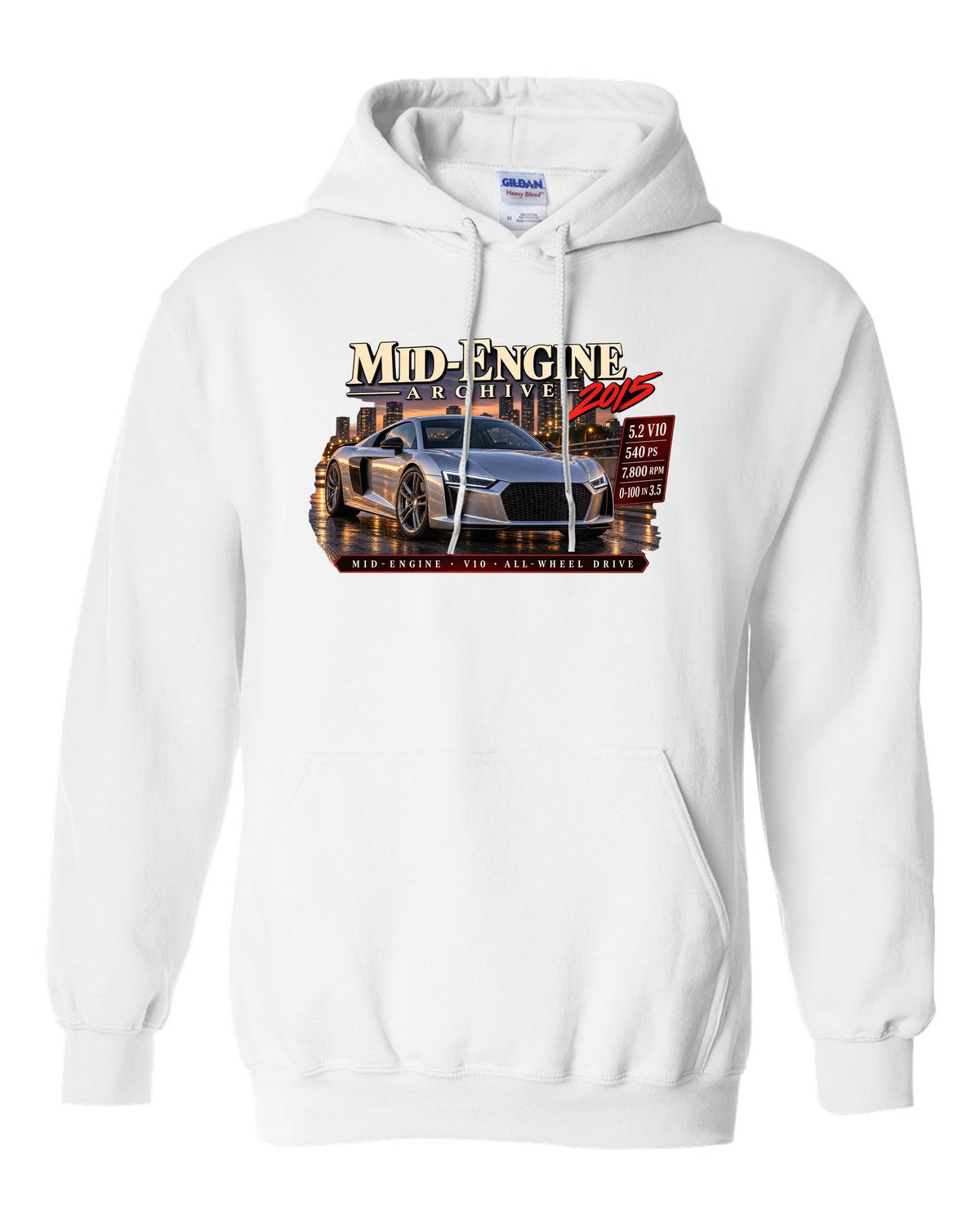 Audi R8 Type 4S V10 front three-quarter in archive panel with 540 PS text white pull over hoodie front view with the design