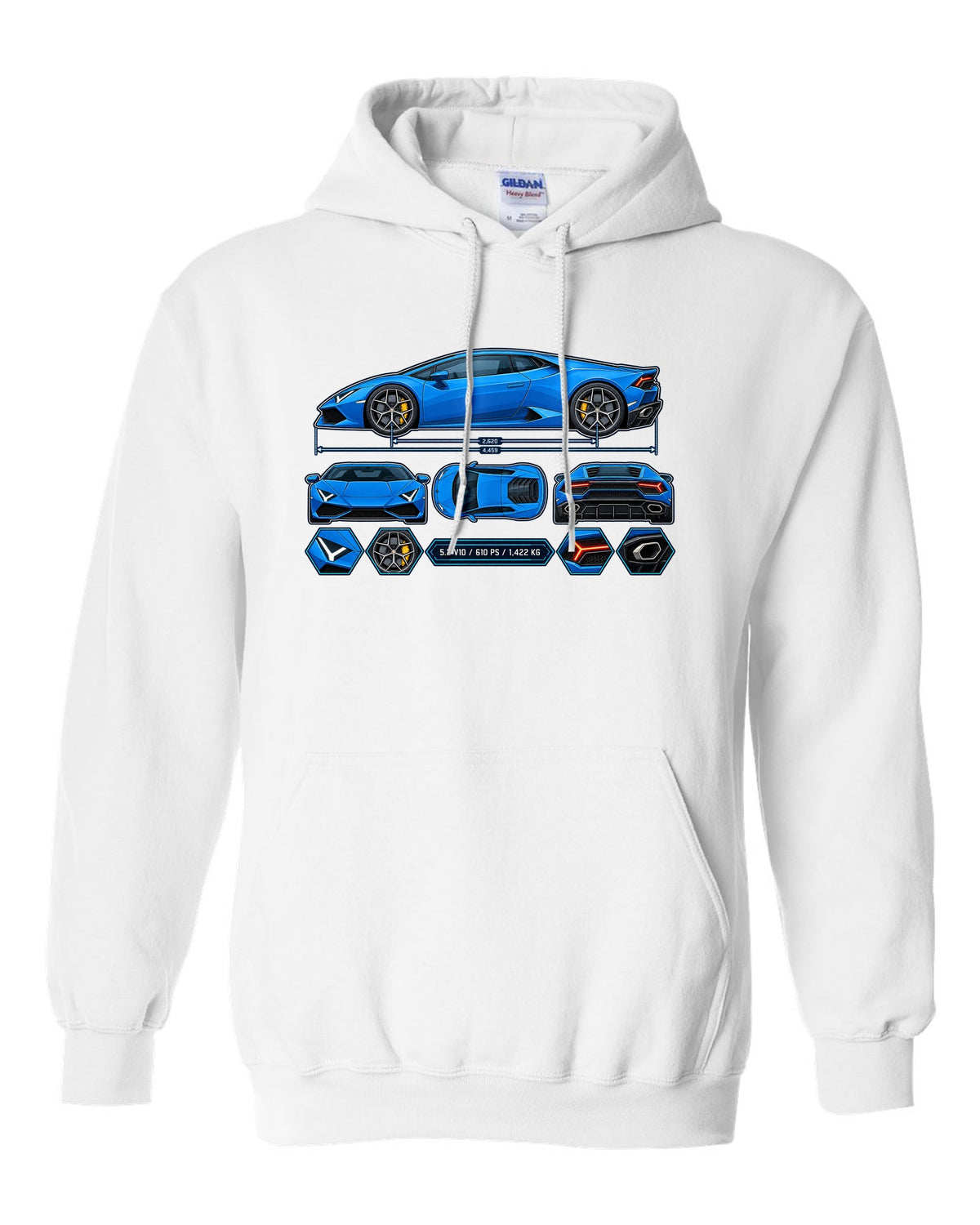 Colour technical blueprint of a Lamborghini Huracan LP610-4 with text 5.2 V10 / 610 PS / 1,422 KG white pull over hoodie front view with the design