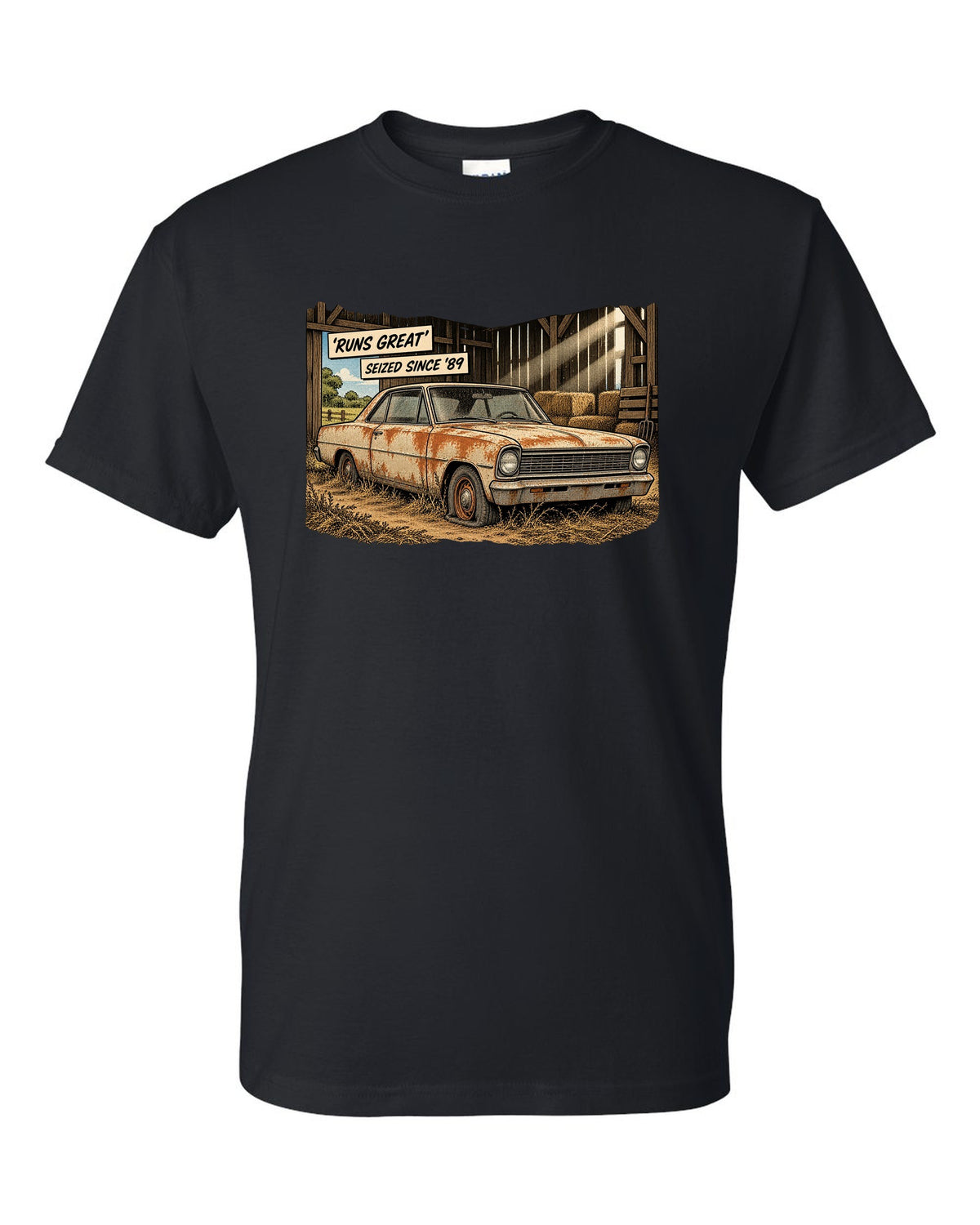 Synthwave print of a 1971 Chevelle SS 454 taillights with the text Runs Great, Seized Since '89 black t-shirt front view with the design