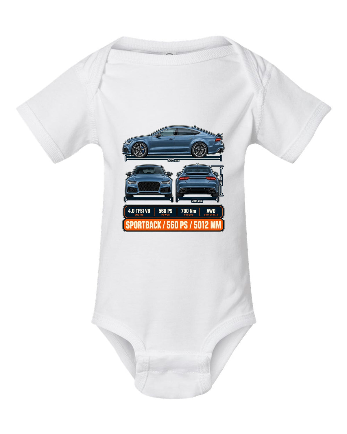 Audi RS7 Sportback C7 three-view drawing in graphite-blue print with 560 PS white baby onesie front view with the design