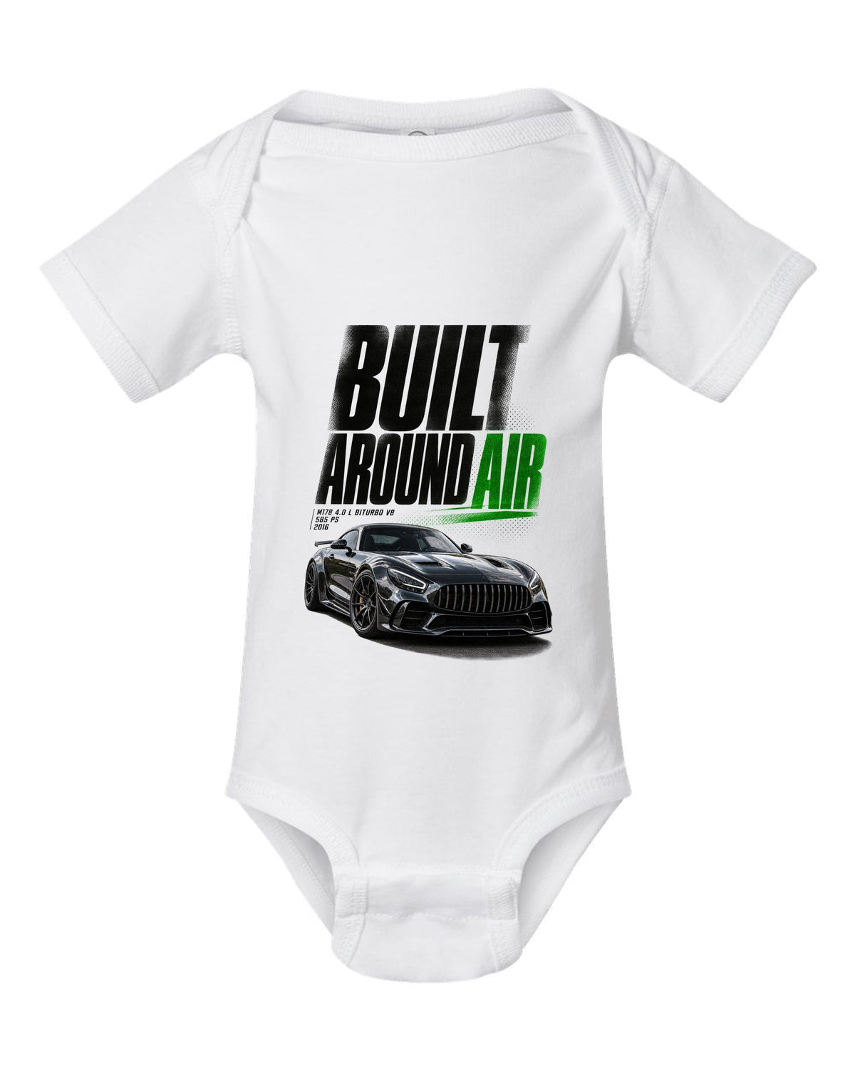 Halftone statement print of a Mercedes-AMG GT R C190 with Built Around Air lettering white baby onesie front view with the design
