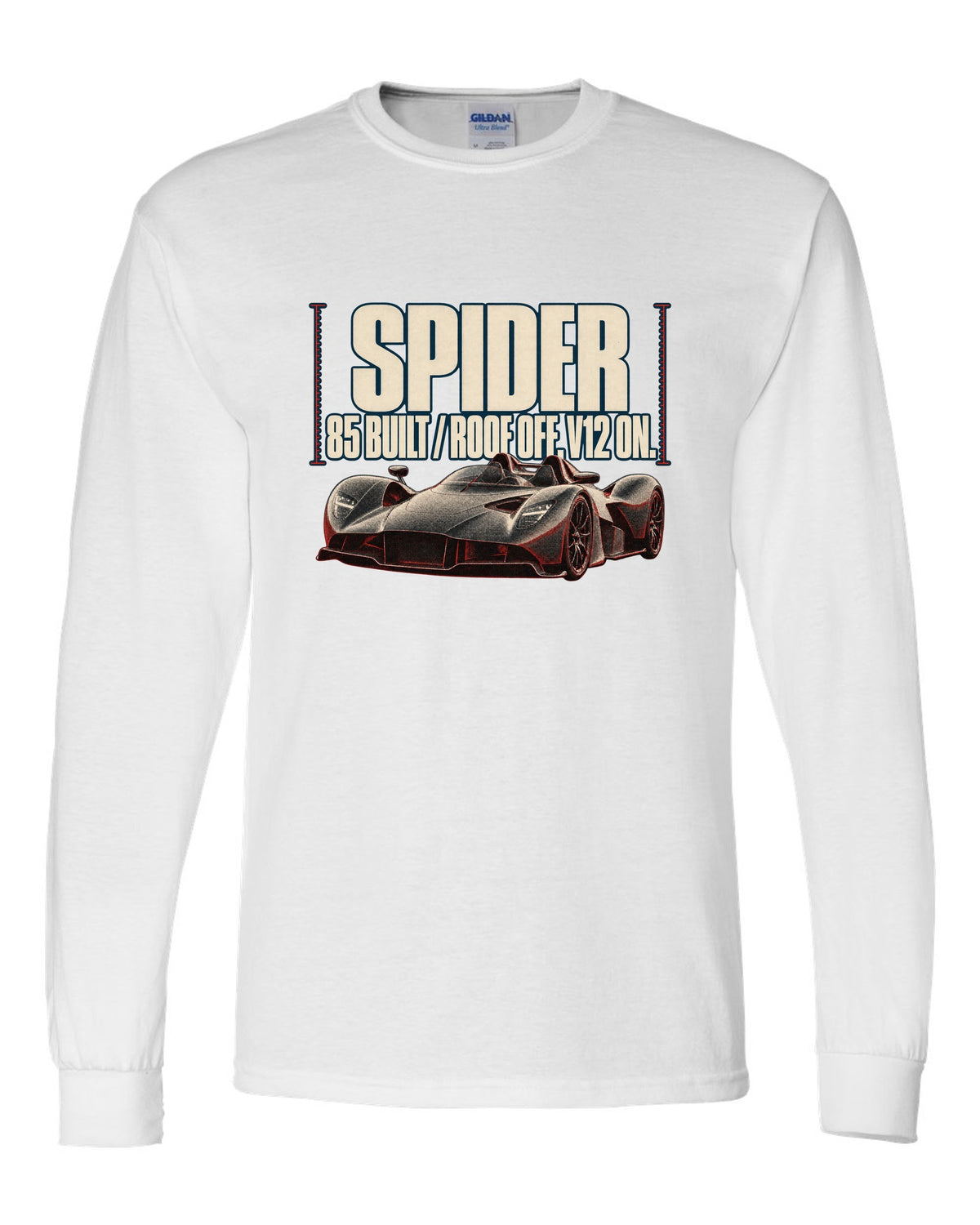 Aston Martin Valkyrie Spider 2022 halftone print with 85 built and roof off V12 on text white long sleeve front view with the design