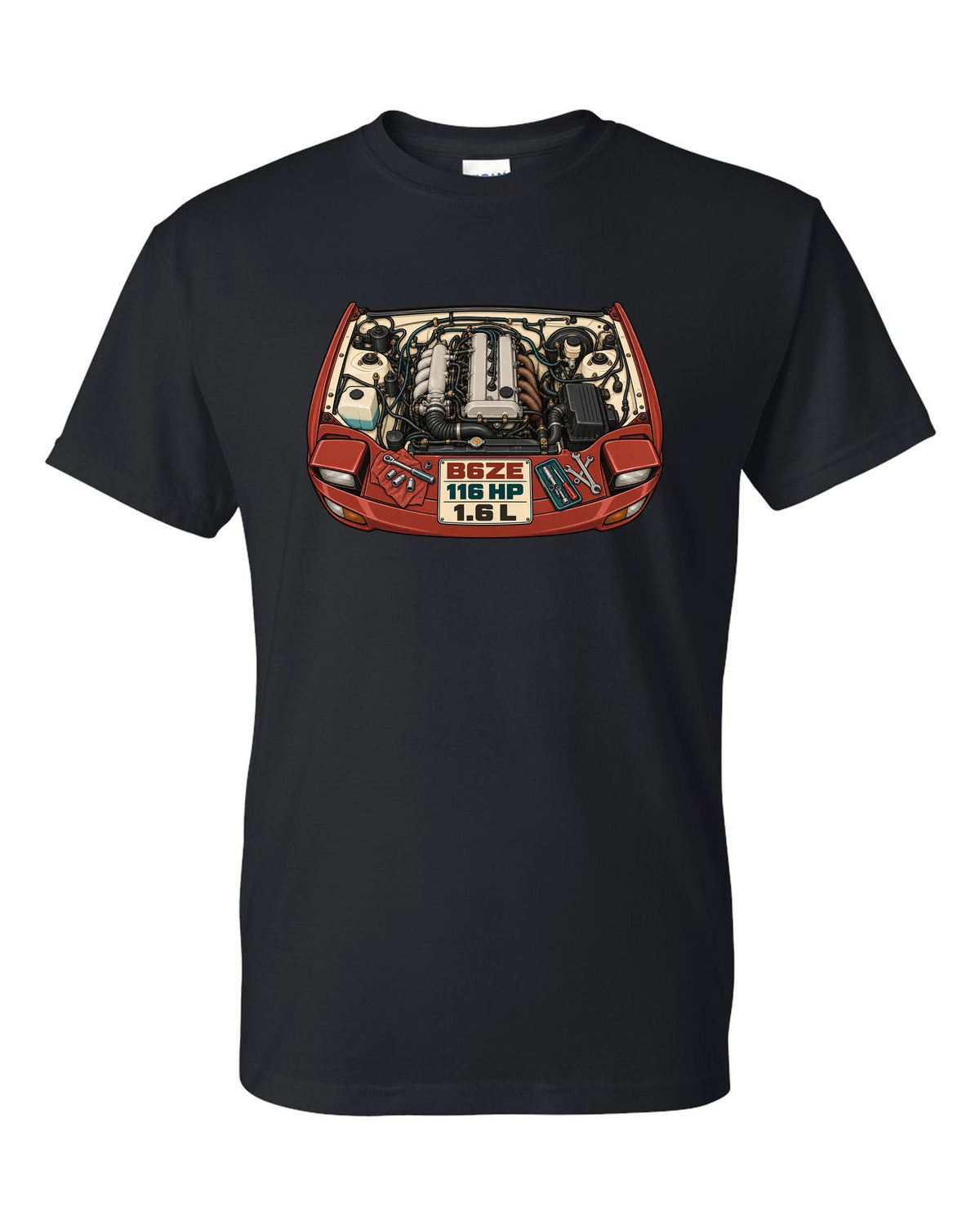 Parts-catalogue illustration of the Mazda MX-5 NA engine bay with B6ZE / 116 HP / 1.6 L lettering black t-shirt front view with the design