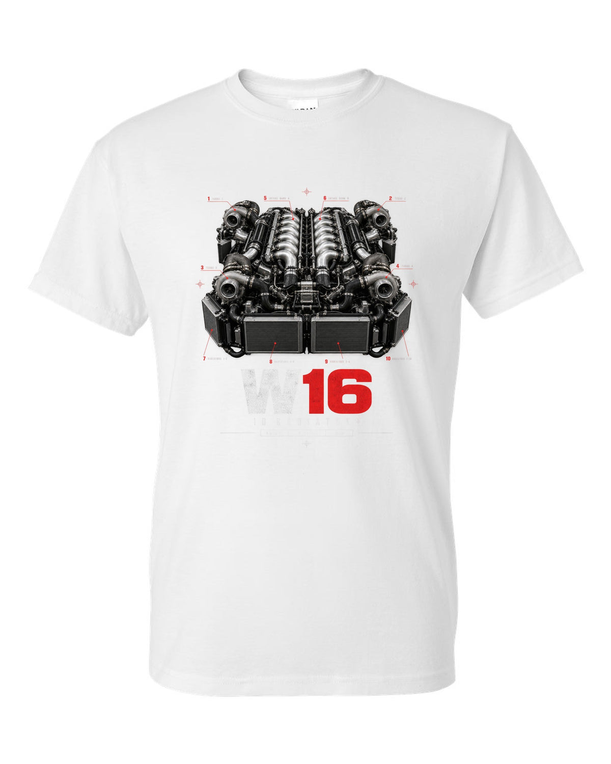 Bugatti Veyron 16.4 W16 engine poster with ten radiators white t-shirt front view with the design