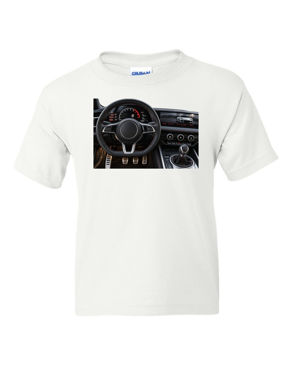 BMW G80 M3 cockpit gauge print with three pedals six gears lettering white kids tee front view with the design