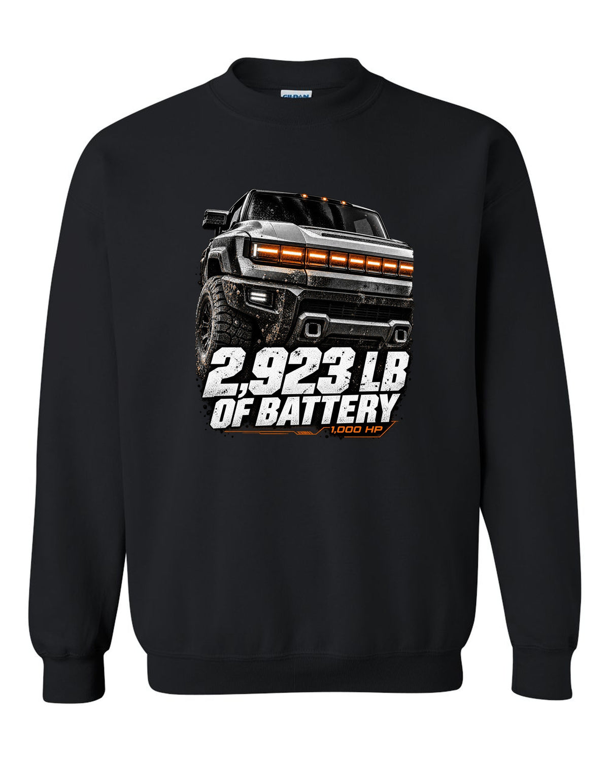 GMC Hummer EV pickup lit front panel macro with battery weight text black crewneck front view with the design